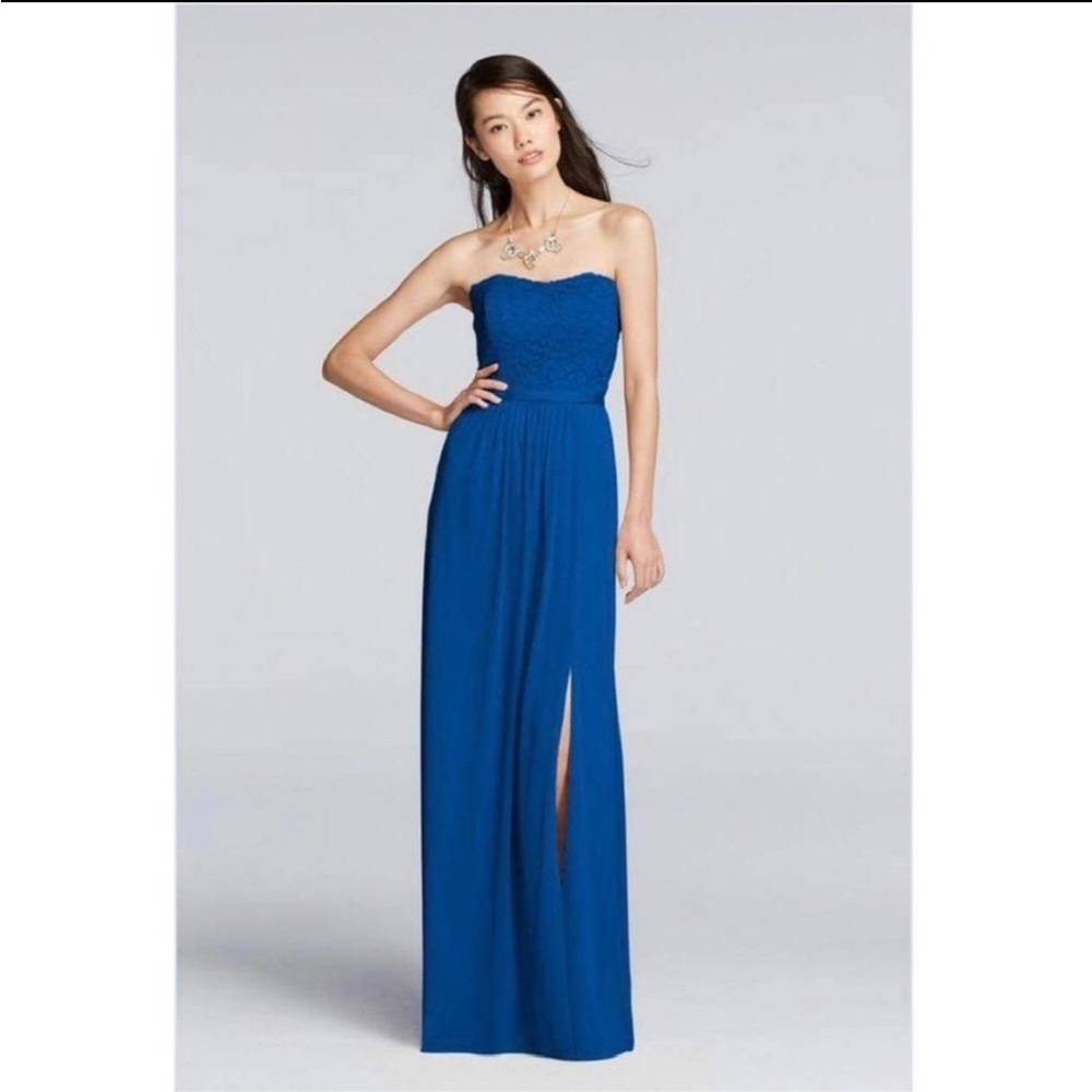 David's Bridal Strapless Sapphire Lace Bodice Gown